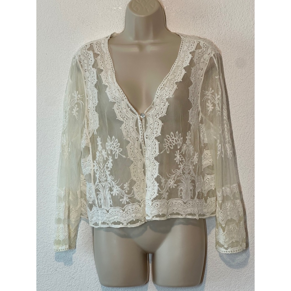Rabbit Rabbit Rabbit Designs Cream Lace Shrug Cardigan XL Floral Sheer R1JD03L03